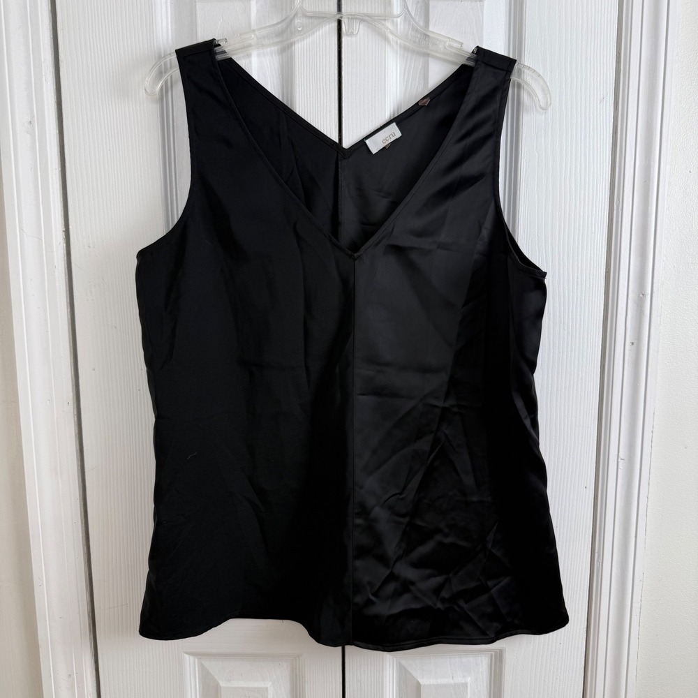Ecru V-Neck Mixed‎ Media Satin Tank Top Large Black Minimalist Chic